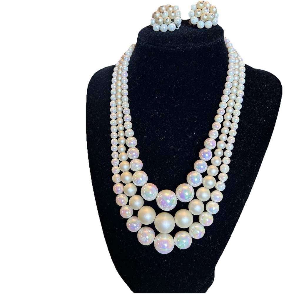 Vintage Faux Pearl Layered Necklace Clip On Earrings Set Japan Jewelry